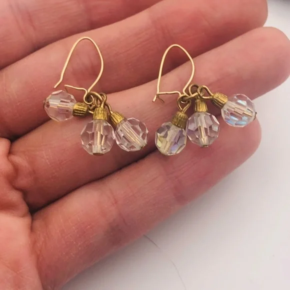 VTG 10k Yellow Gold Post Aurora Borealis Crystal Bead Earrings 1.1” - Picture 3 of 7